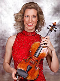 Elizabeth Pitcairn, concert violinist, in formal wear with her instrument, Stradivarius's Red Violin